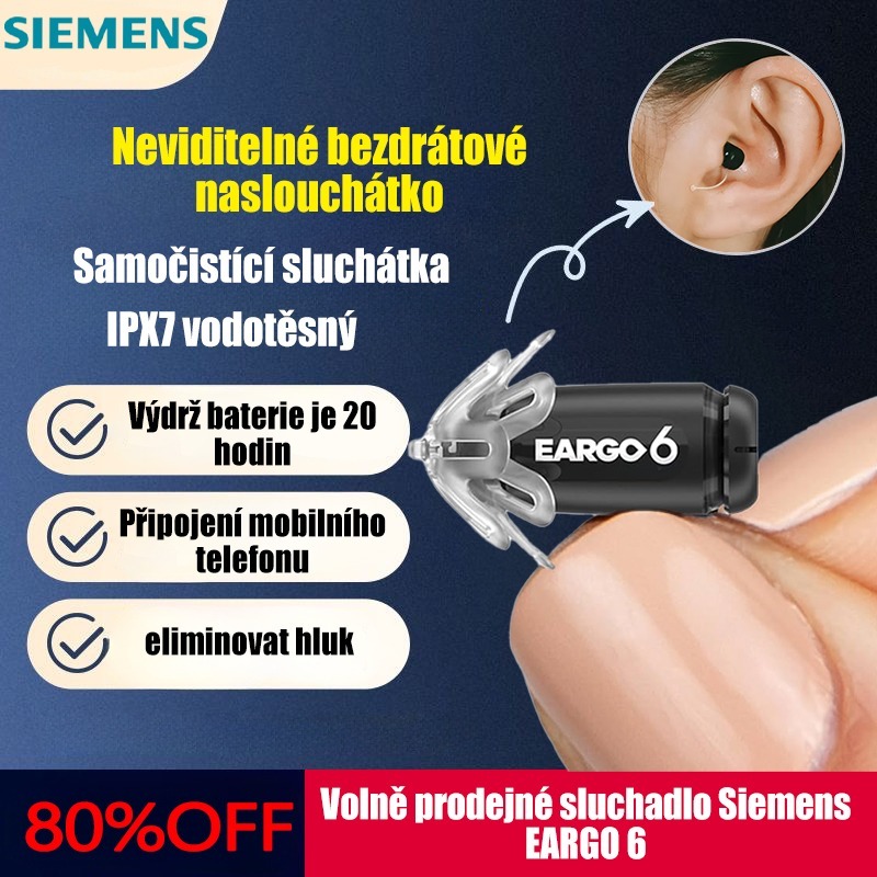 Siemens EARGO 7 OTC sluchadlo: neviditelné, dobíjecí, flexibilní CIC, schváleno FDA.