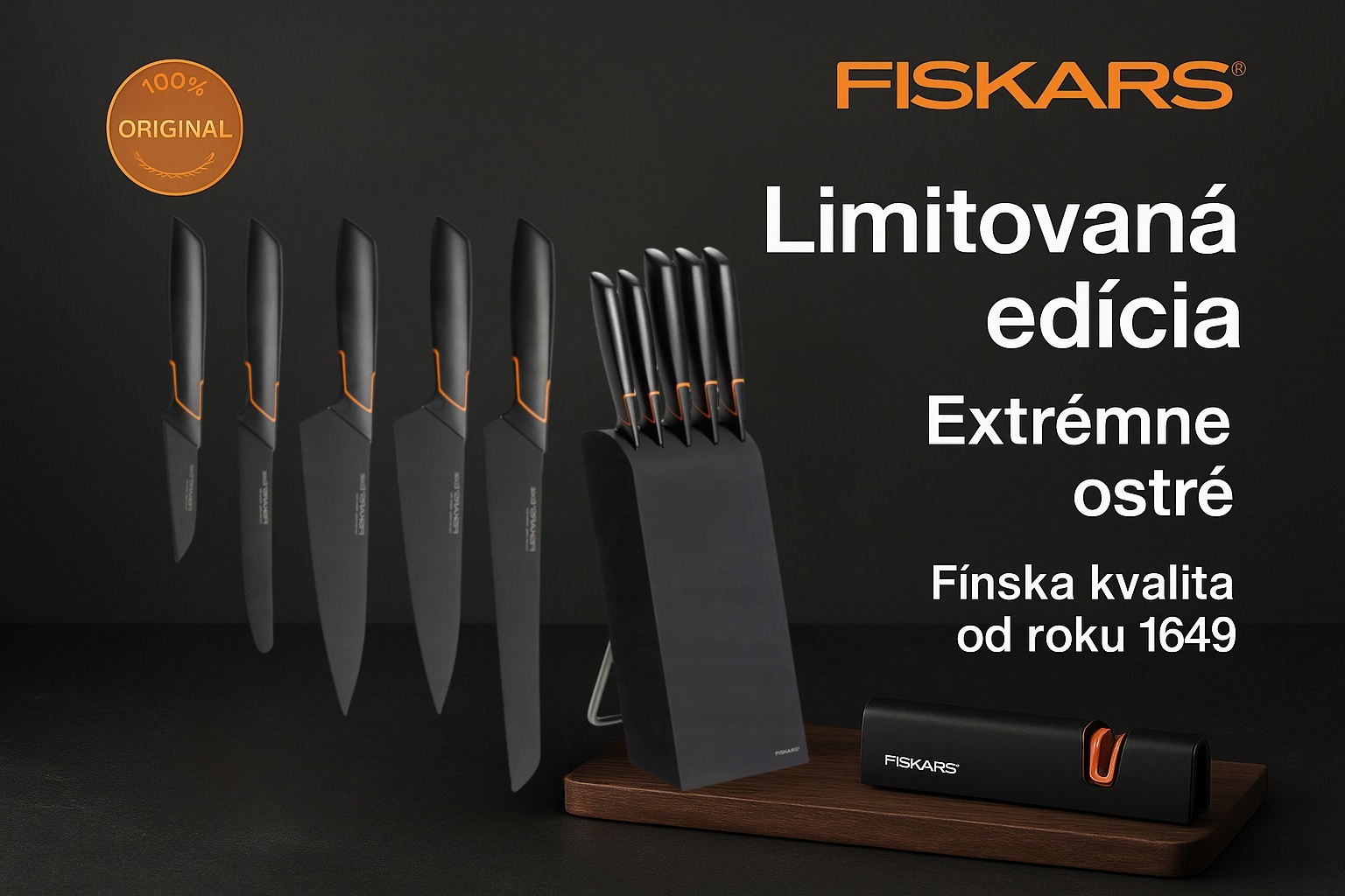 🍽️Limitovaná edice | 5dílná sada nožů FISKARS® (včetně držáku nožů EDGE BLOCK) - Ostré kuchyňské nože + sada na ostření