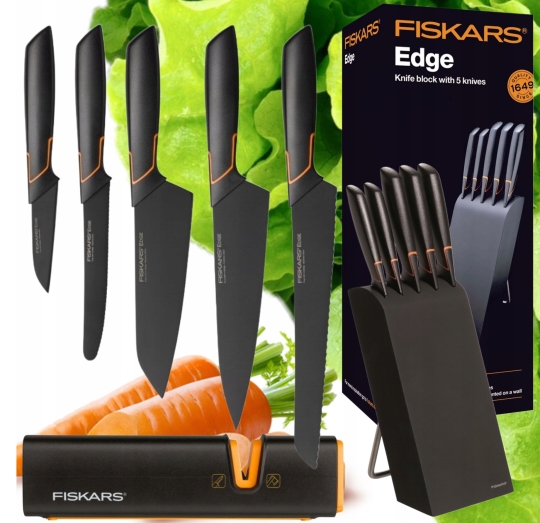 🍽️Limitovaná edice | 5dílná sada nožů FISKARS® (včetně držáku nožů EDGE BLOCK) - Ostré kuchyňské nože + sada na ostření