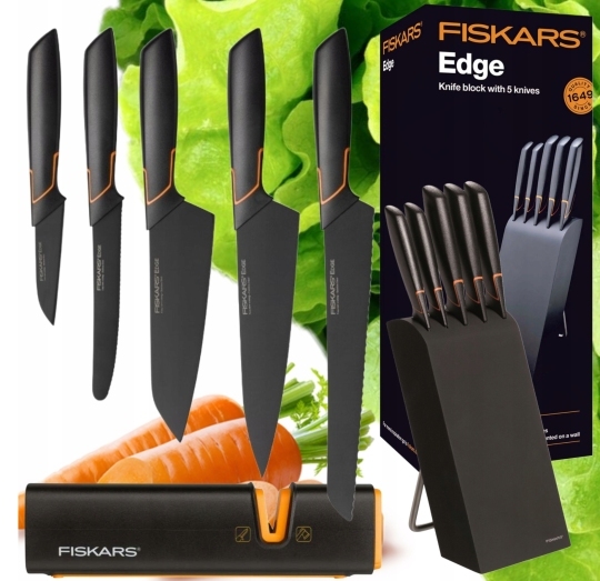 🍽️Limitovaná edice | 5dílná sada nožů FISKARS® (včetně držáku nožů EDGE BLOCK) - Ostré kuchyňské nože + sada na ostření