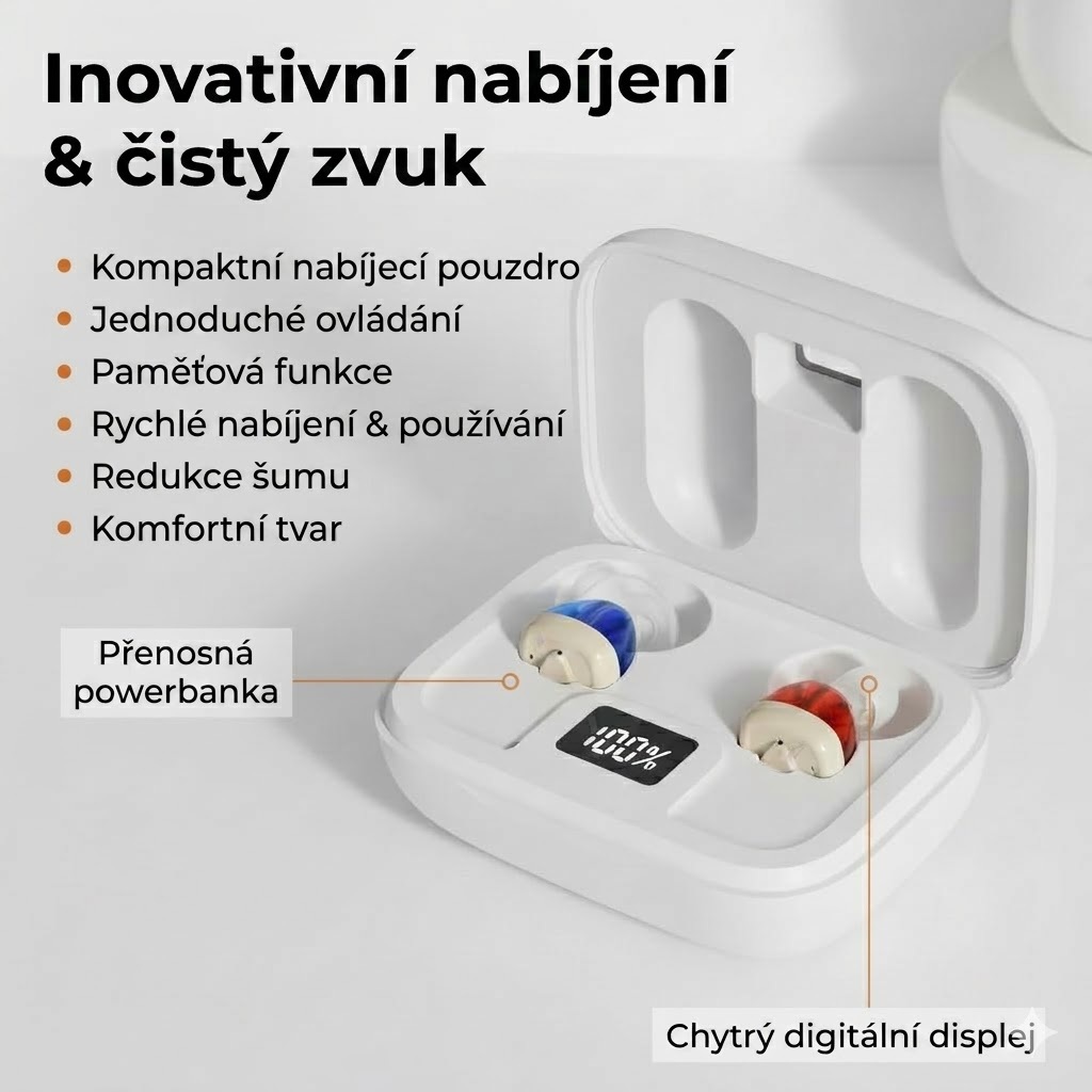 Neviditelné digitální naslouchátko s funkcí potlačení šumu – nabíjecí pouzdro na 110 hodin, jedno použití/nabití až 16 hodin, ultra kompaktní design, inteligentní automatické zapnutí, celodenní pohodlné nošení, vhodné pro seniory a dospělé (bílé)