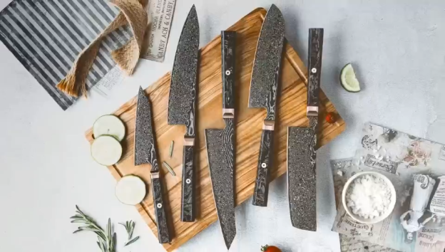 Sada kuchařských nožů Grandsharp Kitchen Black, japonská 67vrstvá damašková ocel Kiritsuke Nakiri Bunka, rukojeť z uhlíkových vláken