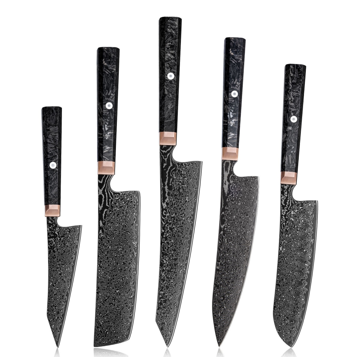 Sada kuchařských nožů Grandsharp Kitchen Black, japonská 67vrstvá damašková ocel Kiritsuke Nakiri Bunka, rukojeť z uhlíkových vláken