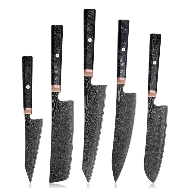 Sada kuchařských nožů Grandsharp Kitchen Black, japonská 67vrstvá damašková ocel Kiritsuke Nakiri Bunka, rukojeť z uhlíkových vláken