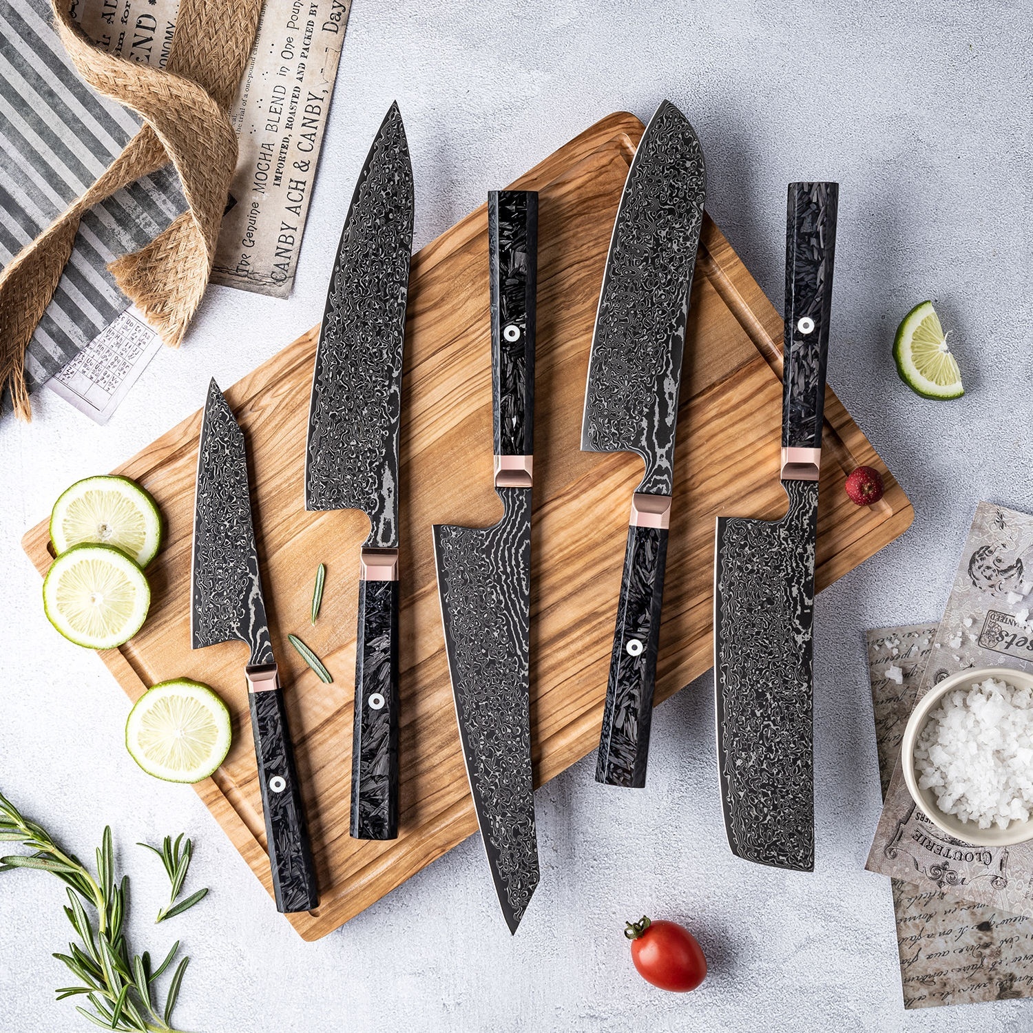 Sada kuchařských nožů Grandsharp Kitchen Black, japonská 67vrstvá damašková ocel Kiritsuke Nakiri Bunka, rukojeť z uhlíkových vláken