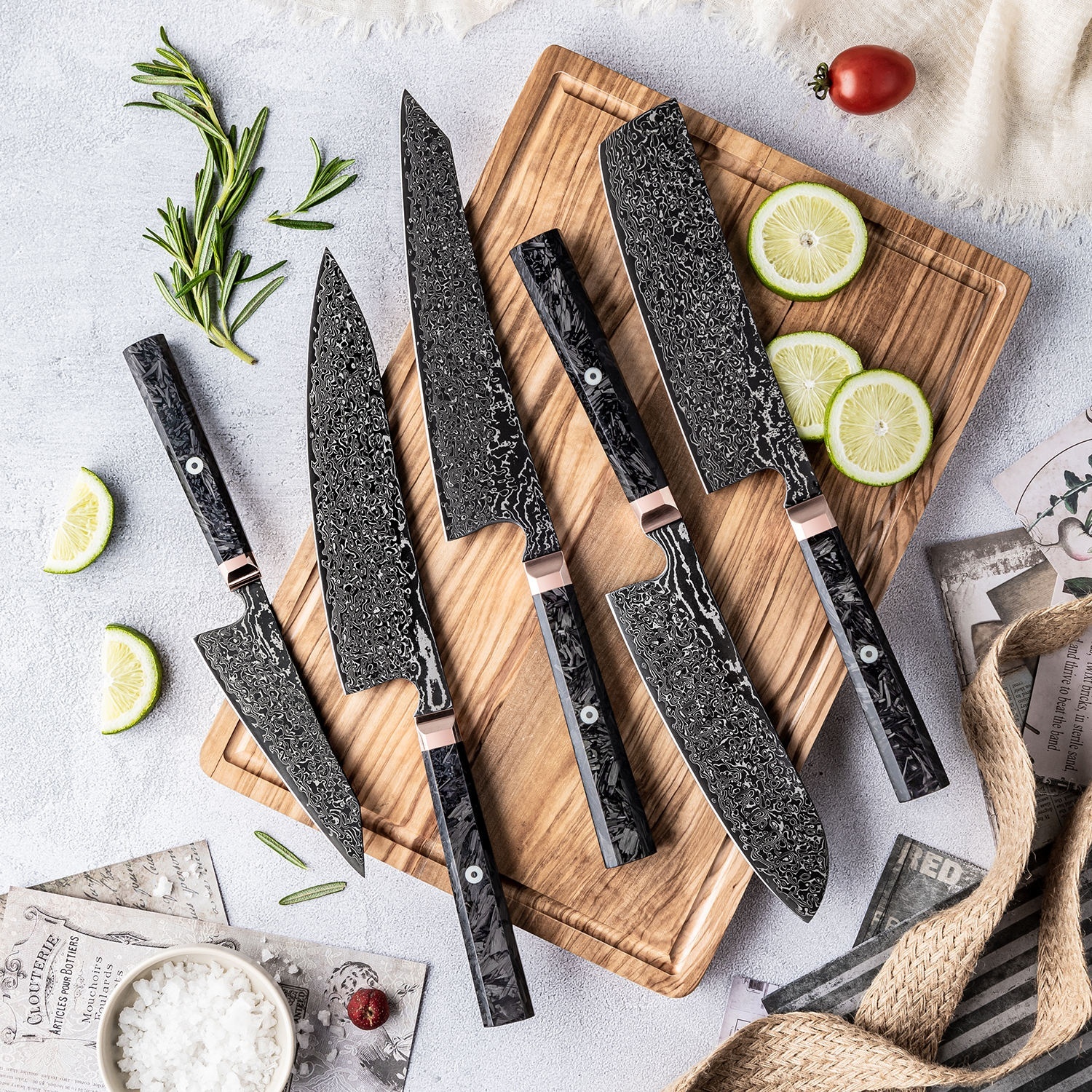 Sada kuchařských nožů Grandsharp Kitchen Black, japonská 67vrstvá damašková ocel Kiritsuke Nakiri Bunka, rukojeť z uhlíkových vláken