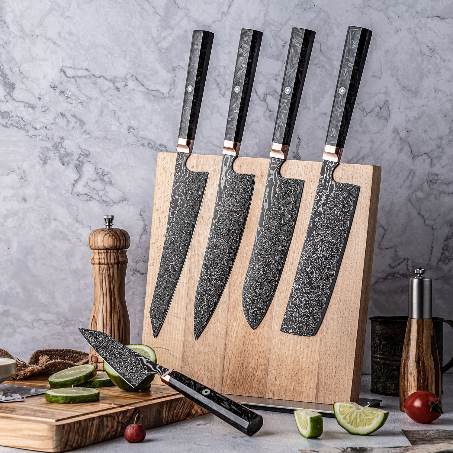 Sada kuchařských nožů Grandsharp Kitchen Black, japonská 67vrstvá damašková ocel Kiritsuke Nakiri Bunka, rukojeť z uhlíkových vláken