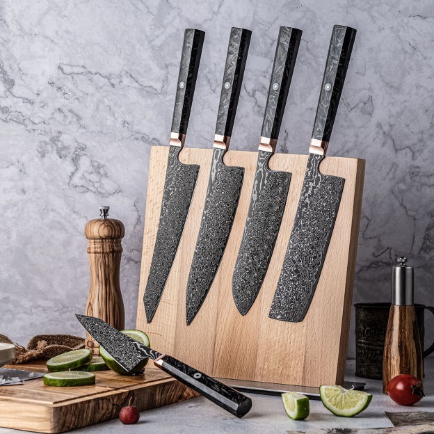 Sada kuchařských nožů Grandsharp Kitchen Black, japonská 67vrstvá damašková ocel Kiritsuke Nakiri Bunka, rukojeť z uhlíkových vláken