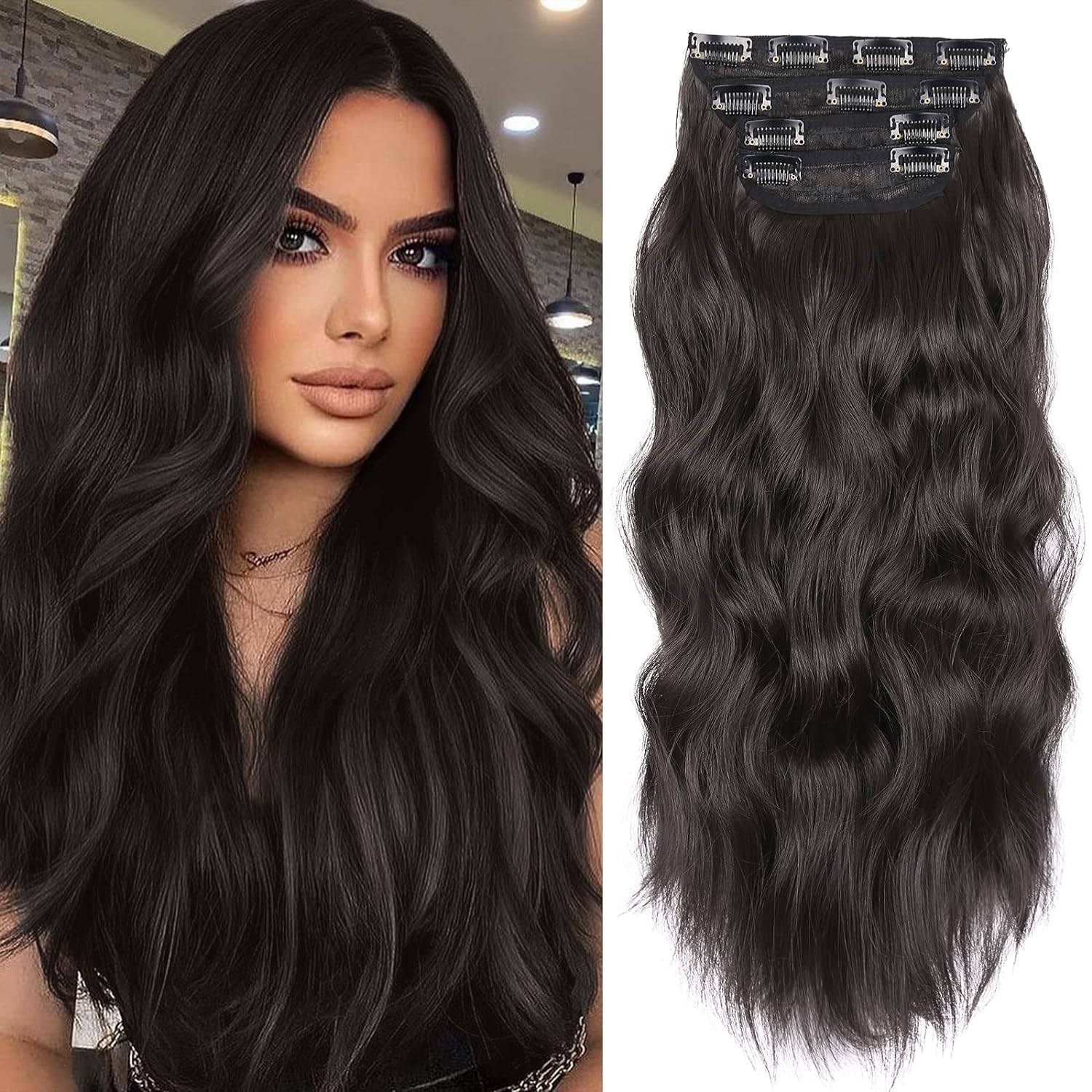 Vinisay Clip in Synthetic Hair Extensions Long Wavy Thick Hairpieces Black Brown Fiber Double Weft Natural Hair Extensions 20 Inch for Women