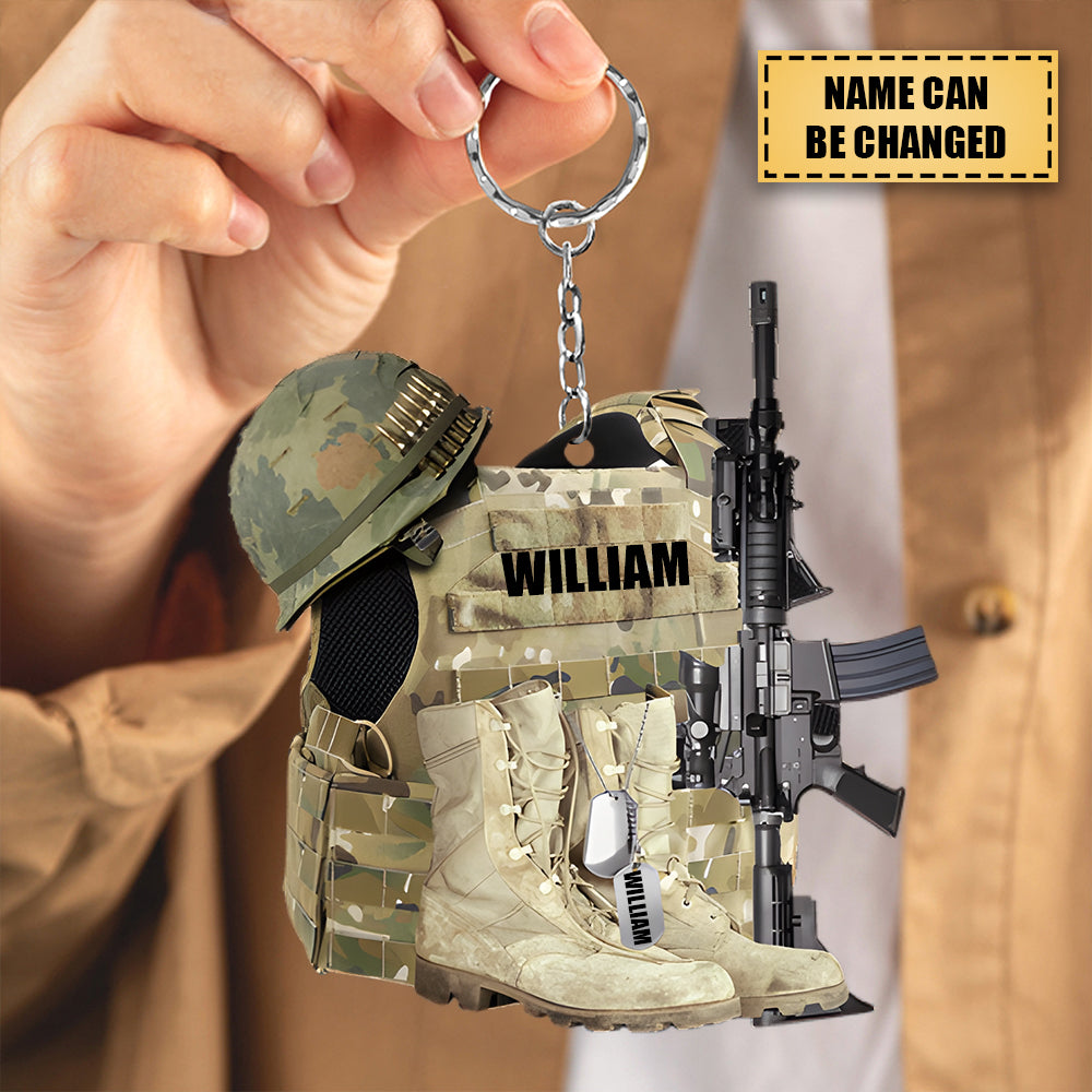 Veteran Boots, Bulletproof Vest, Helmet And Gun -Flat Acrylic Keychain