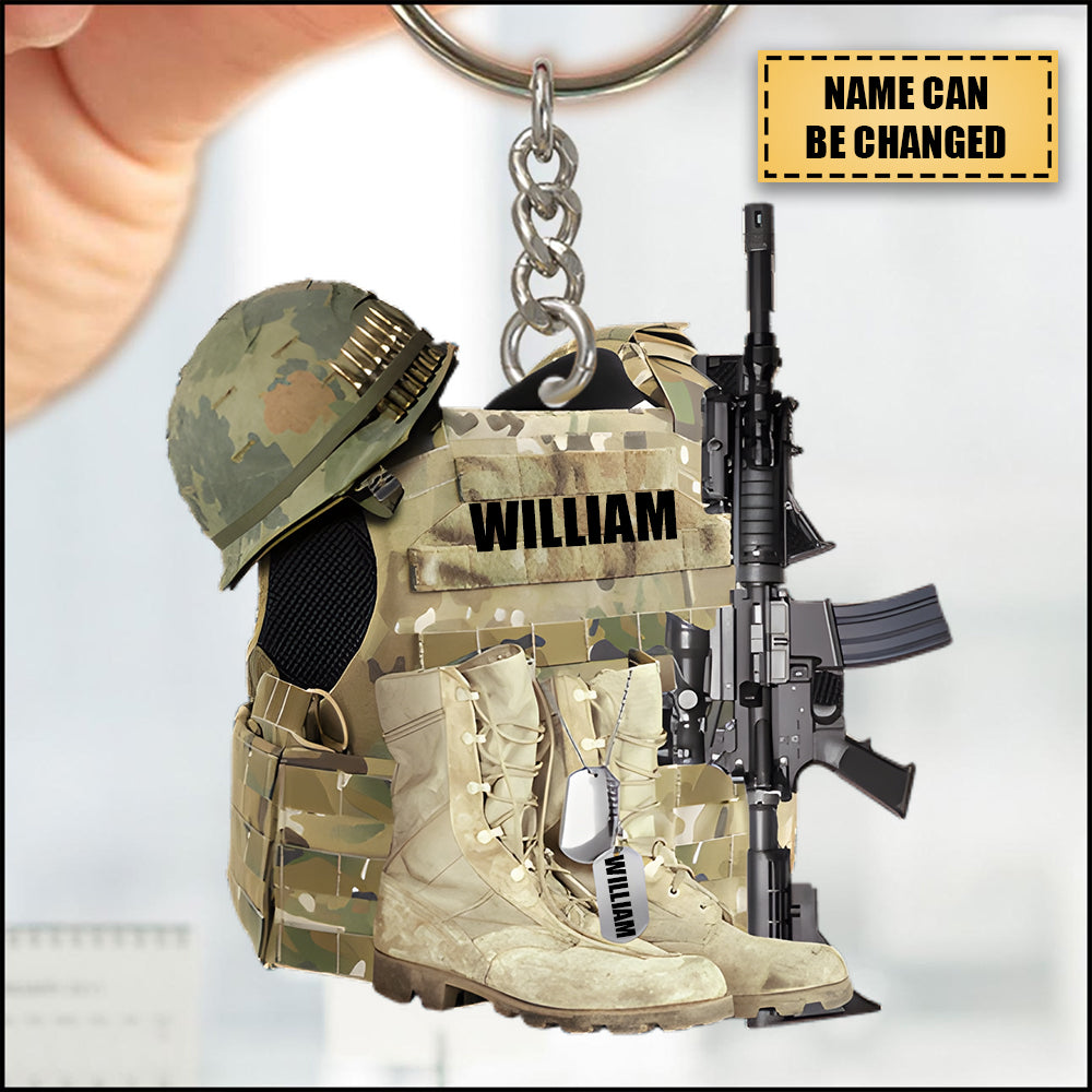 Veteran Boots, Bulletproof Vest, Helmet And Gun -Flat Acrylic Keychain