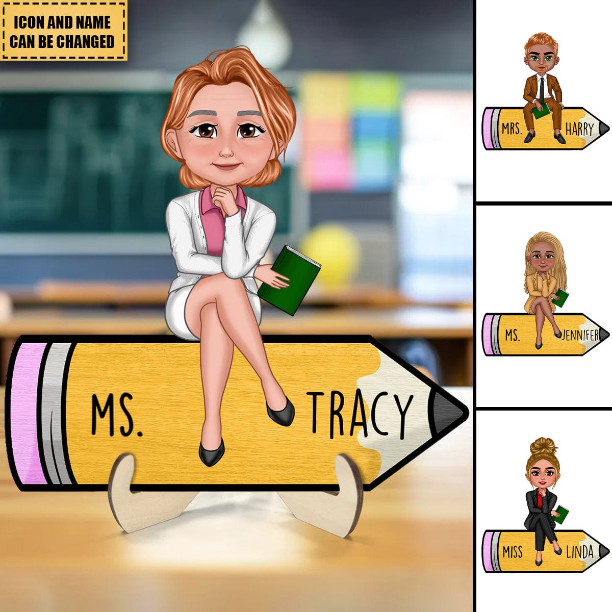 Doll Teacher Sitting On Pencil 2-Layer Wooden Plaque