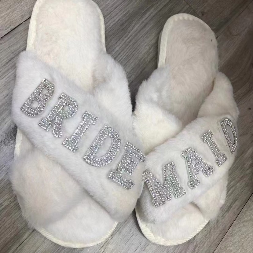 Bridesmaid one word fuzzy slippers bridesmaid exclusive wedding bridesmaid shoes gift