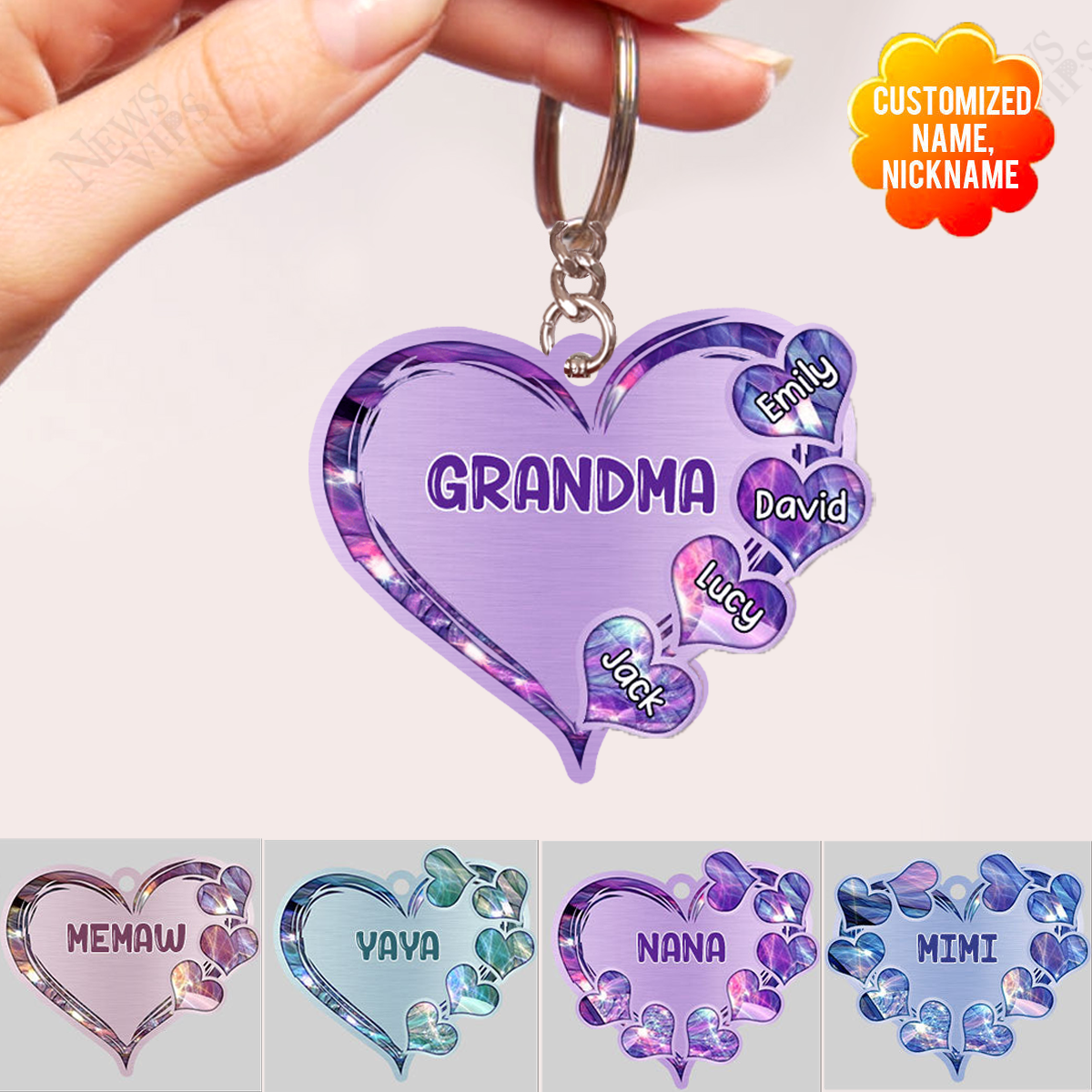 Grandma- Mom Heart Kids, Multi Colors Acrylic Keychain