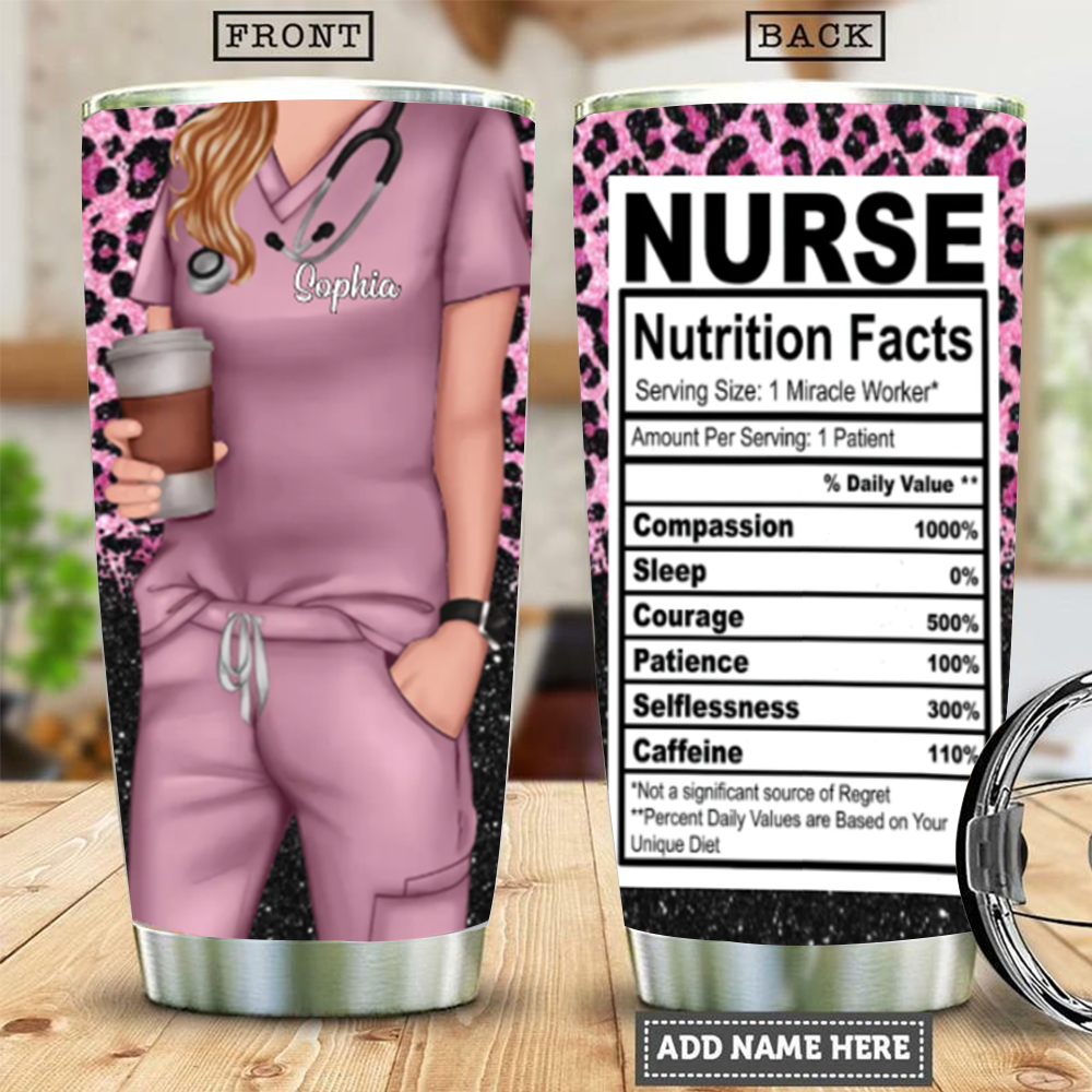 Nurse Life Nutrition Facts - Tumbler Cup - Gift For Doctor & Nurse - Glitter Leopard Design