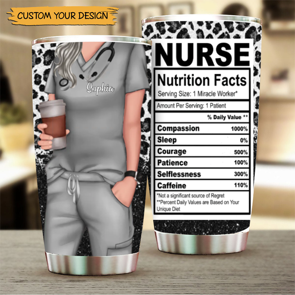 Nurse Life Nutrition Facts - Tumbler Cup - Gift For Doctor & Nurse - Glitter Leopard Design