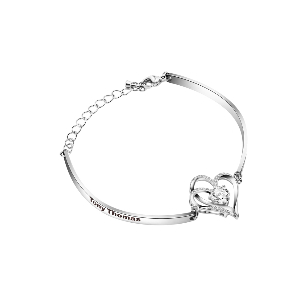 Double Heart Zircon Silver Adjustable Bracelet
