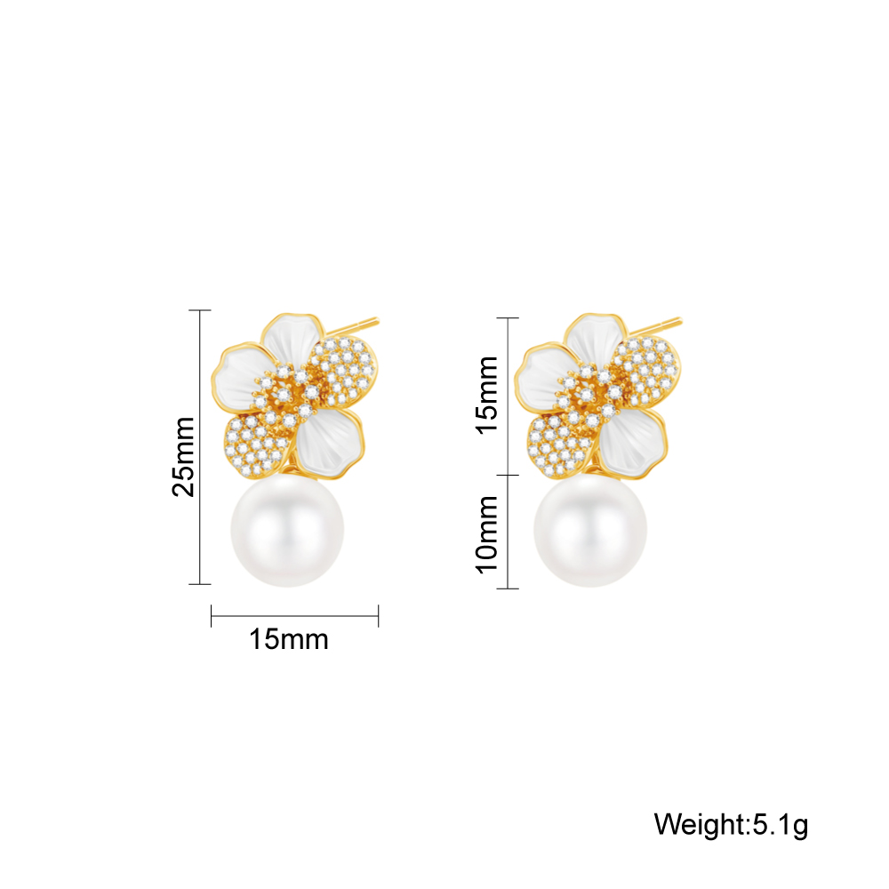 Flower Pearl Drop Earrings, CZ Encrusted Gold Earrings