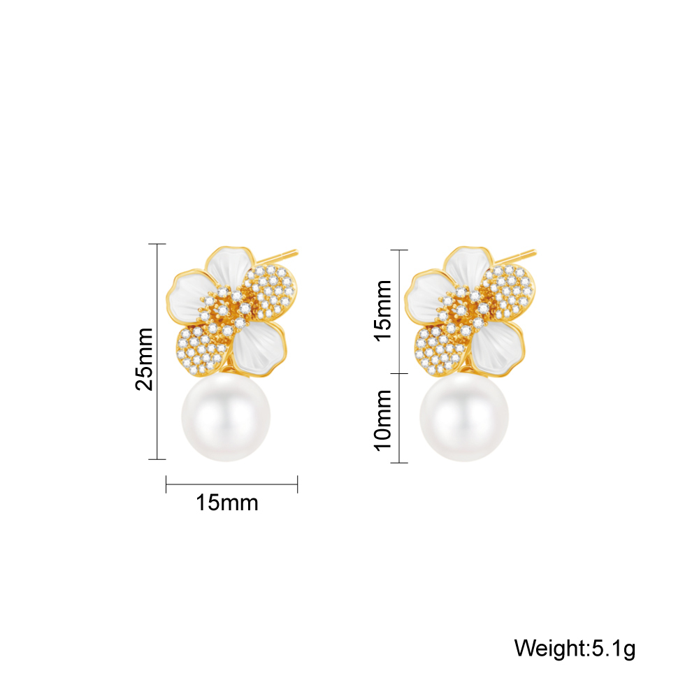 Flower Pearl Drop Earrings, CZ Encrusted Gold Earrings
