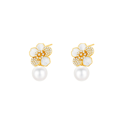 Flower Pearl Drop Earrings, CZ Encrusted Gold Earrings