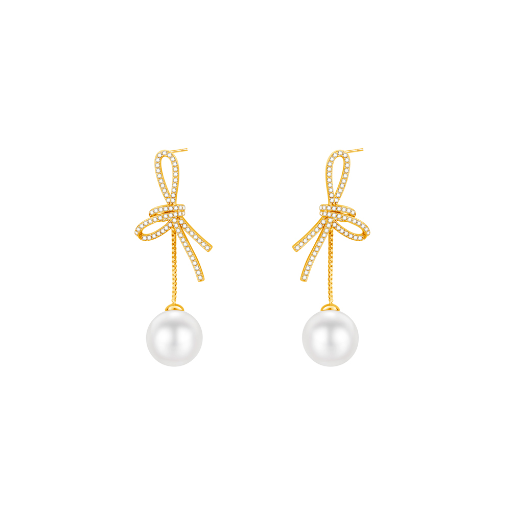 Flower Pearl Drop Earrings, CZ Encrusted Gold Earrings