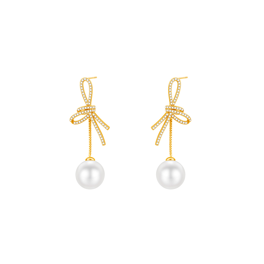 Flower Pearl Drop Earrings, CZ Encrusted Gold Earrings