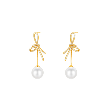 Flower Pearl Drop Earrings, CZ Encrusted Gold Earrings