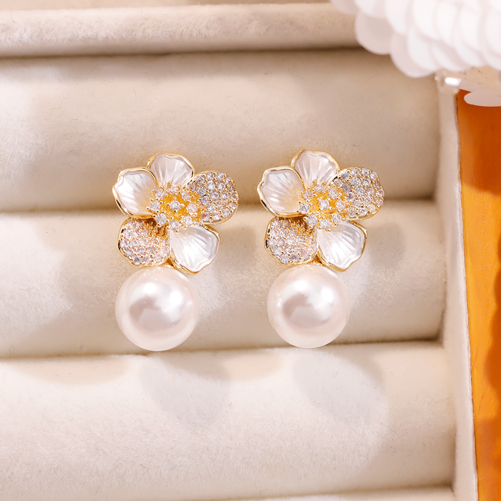 Flower Pearl Drop Earrings, CZ Encrusted Gold Earrings