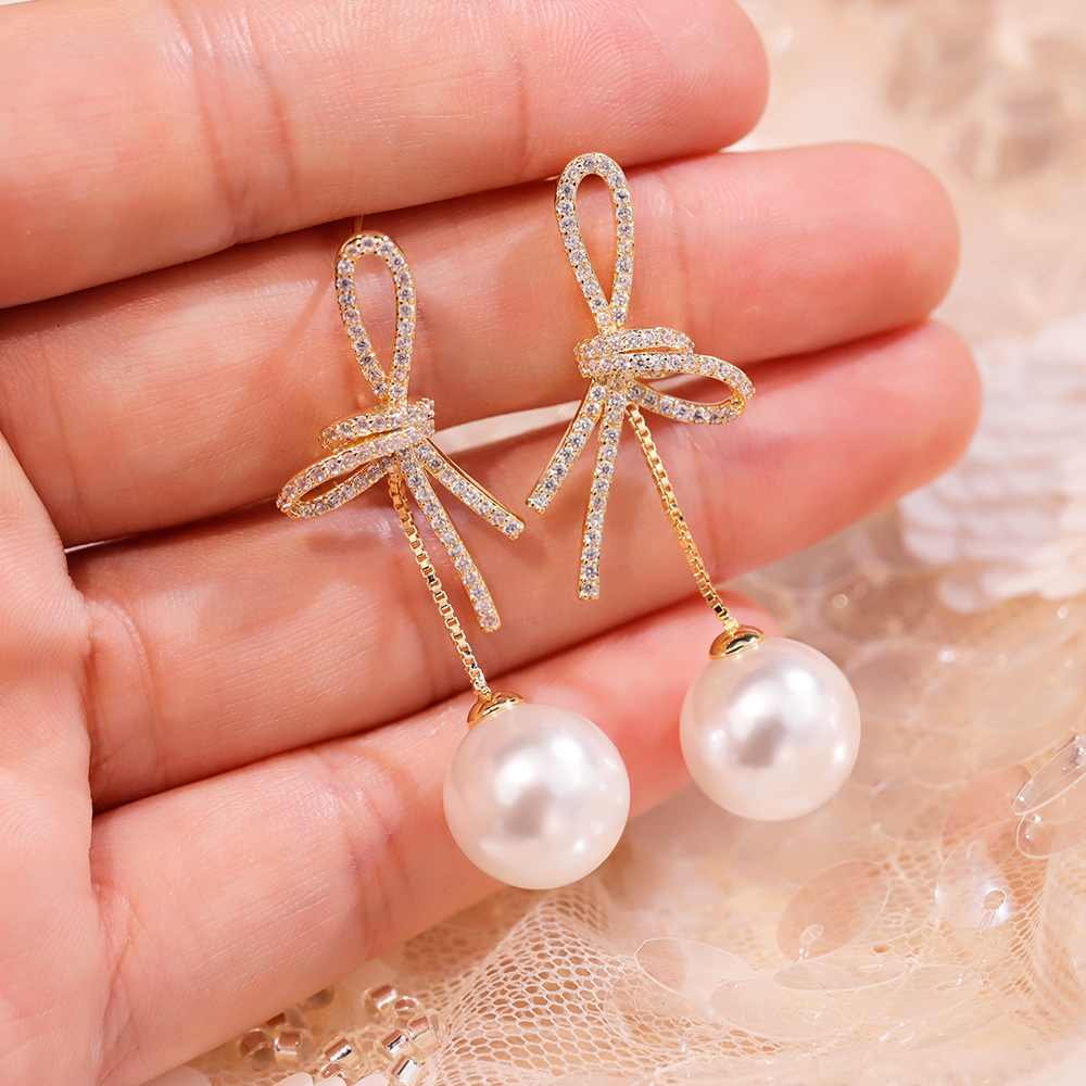 Flower Pearl Drop Earrings, CZ Encrusted Gold Earrings