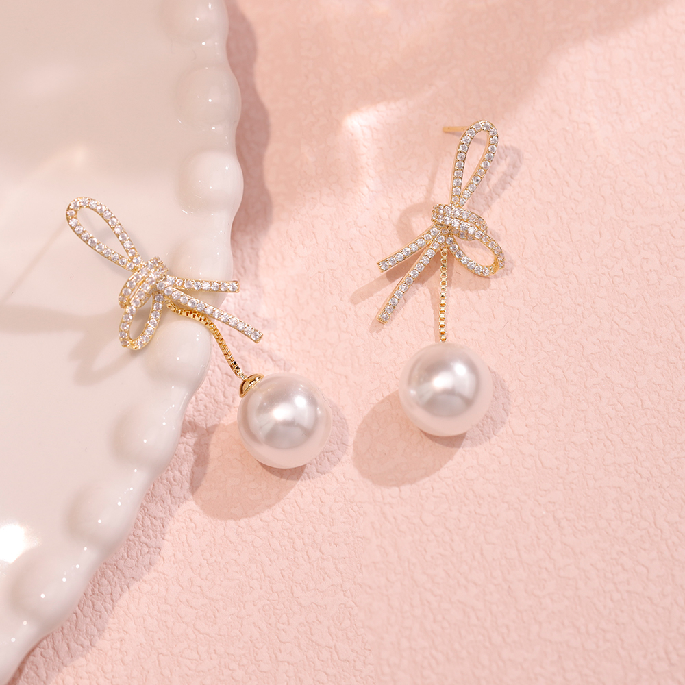 Flower Pearl Drop Earrings, CZ Encrusted Gold Earrings