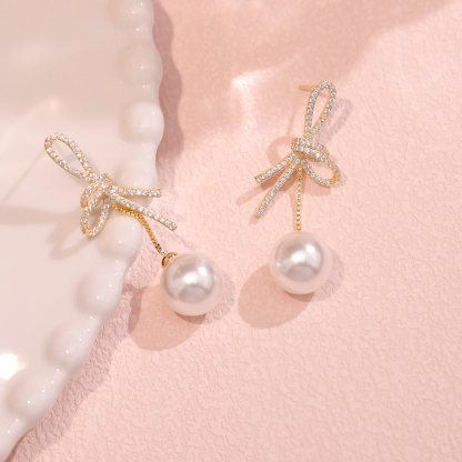 Flower Pearl Drop Earrings, CZ Encrusted Gold Earrings