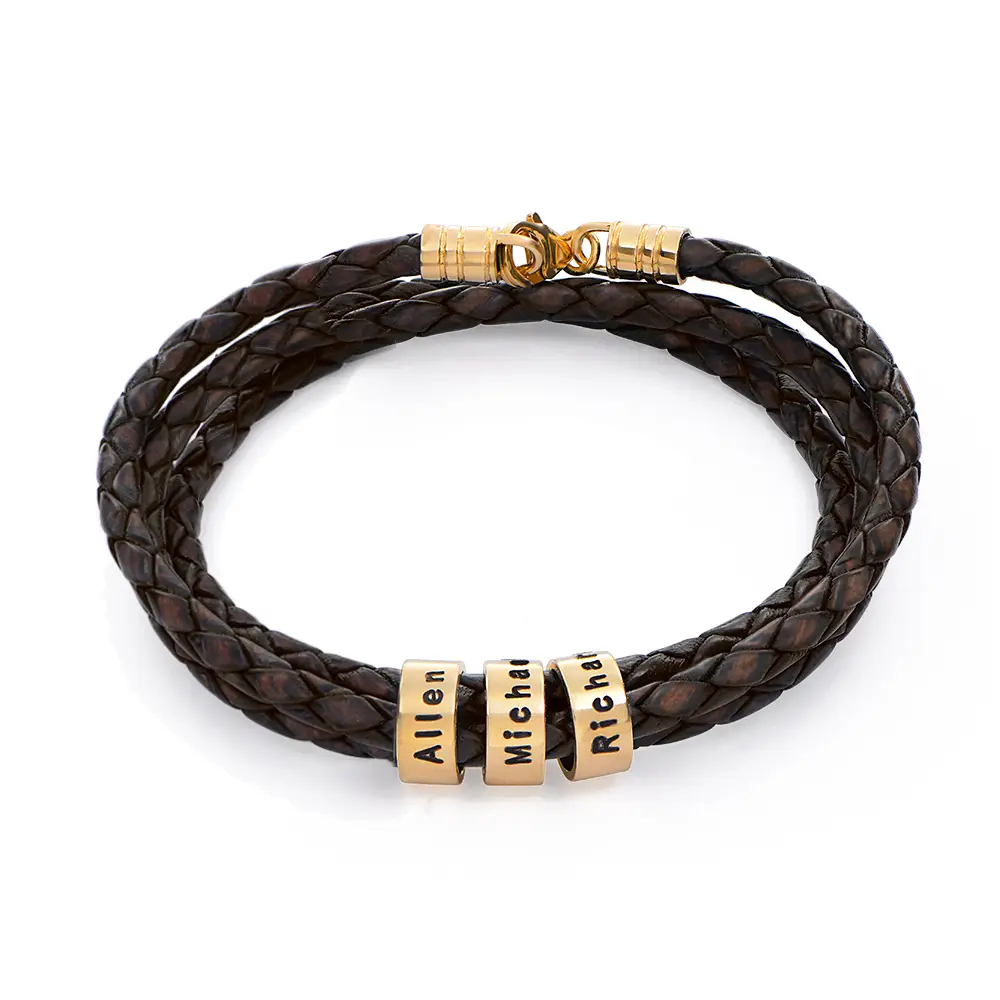 Christmas Gift Men Braided Leather Bracelet with Small Custom Beads