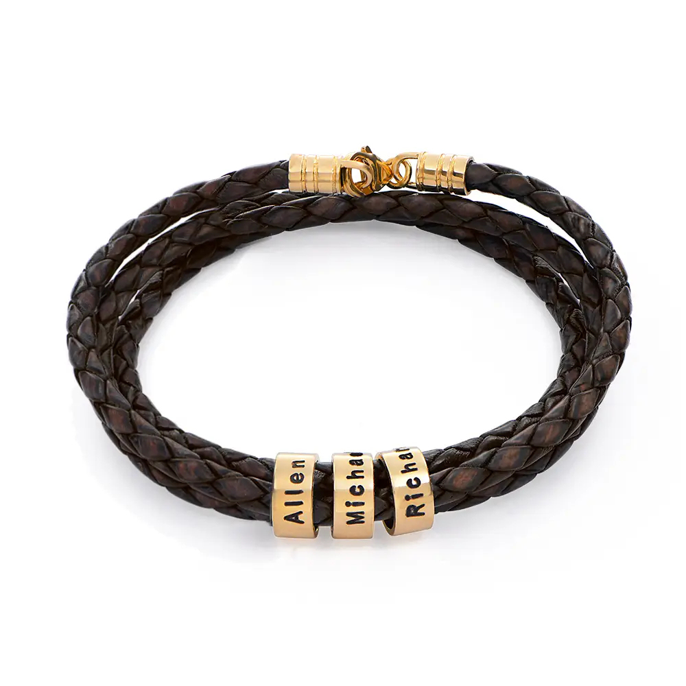 Christmas Gift Men Braided Leather Bracelet with Small Custom Beads