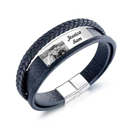 Christmas Gift Personalized Braided Leather Bracelet Custom Photo Multi-layer Bracelet for Him