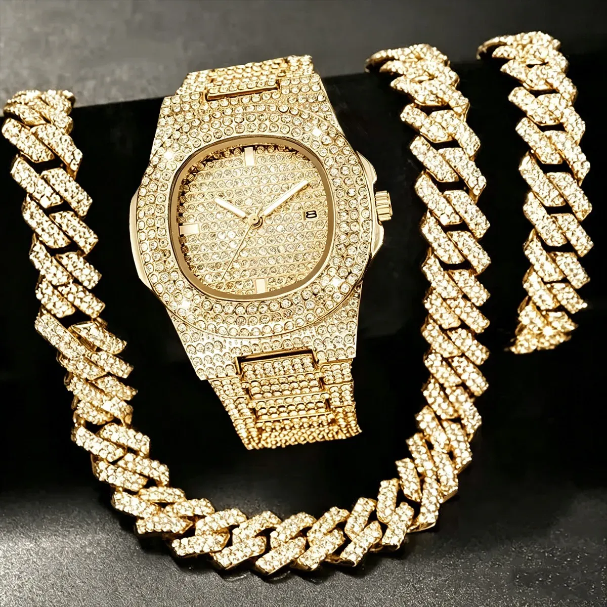 Men's Iced Out Watch with Cuban Chain Bracelet, Rhinestone Square Dial Luxury Style Jewelry Set