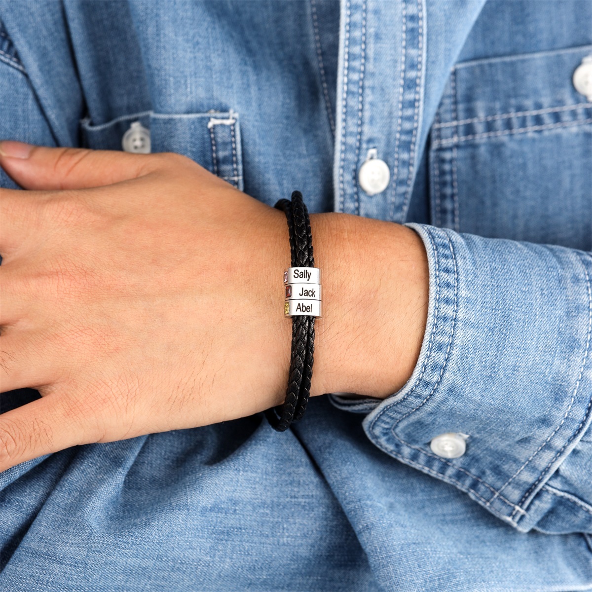 Personalized Mens Leather Bracelet 1-8 Beads with Birthstones