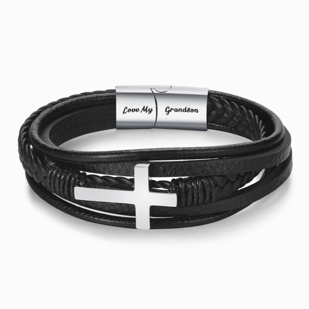 Christmas Gift To My Grandson Cross Braided Leather Bracelet "Pray Through It"