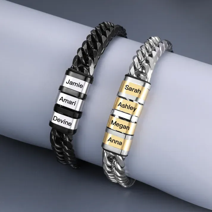 Personalized Cuban Chain Bracelet Custom 1-8 Names Beads Mens Bracelet