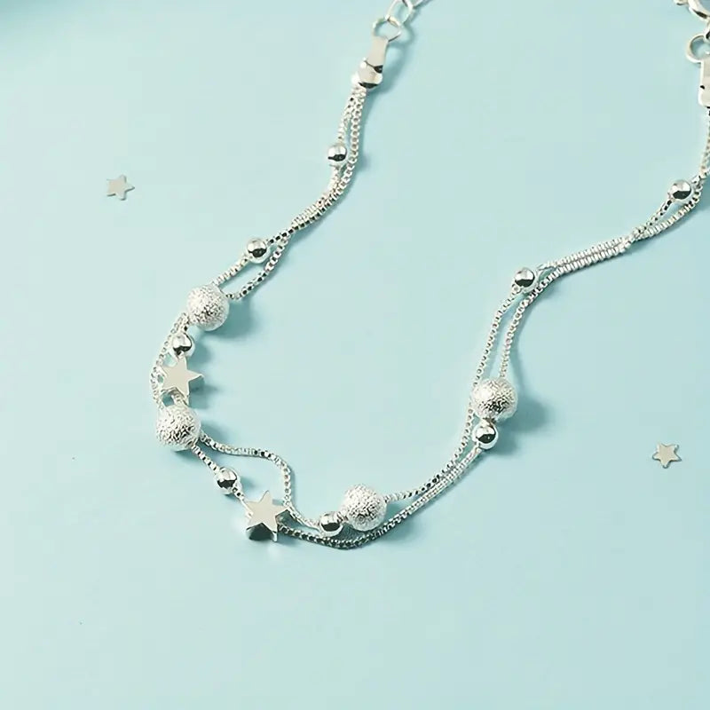 Mother's Day Gift Simple Minimalist Double Layer Chain Anklet With Mini Star Shape Beads Stackable Ankle Bracelet-Engravingift