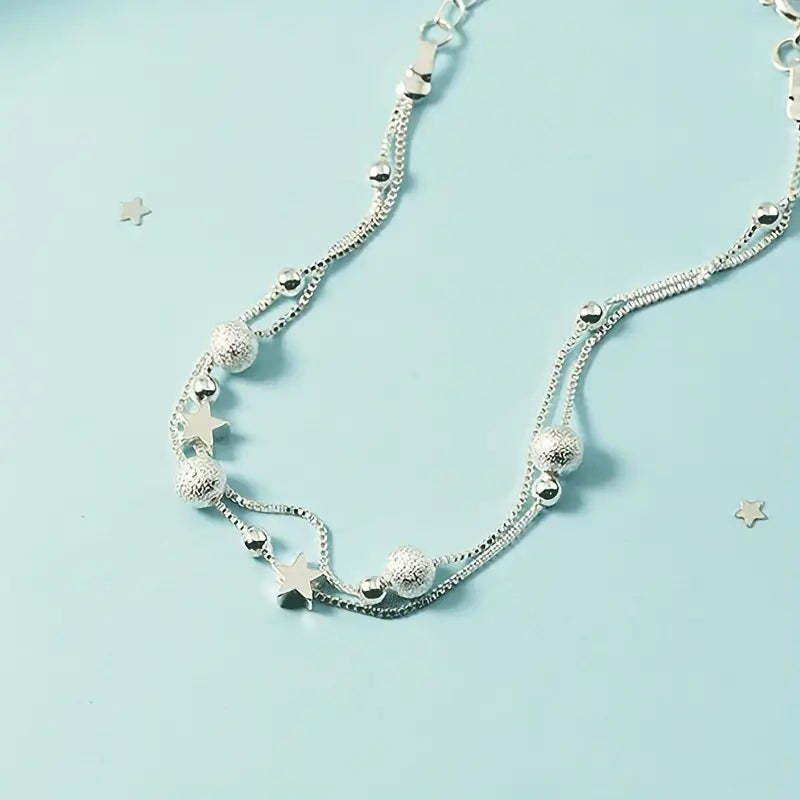 Mother's Day Gift Simple Minimalist Double Layer Chain Anklet With Mini Star Shape Beads Stackable Ankle Bracelet-Engravingift