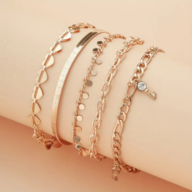 Mother's Day 5 Pcs Stackable Chain Anklet Set With Key Shape Tassel Pendant Inlaid Shiny Rhinestones-Engravingift