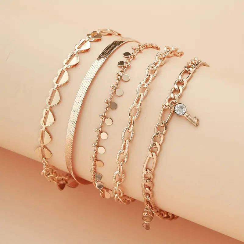 Mother's Day 5 Pcs Stackable Chain Anklet Set With Key Shape Tassel Pendant Inlaid Shiny Rhinestones-Engravingift