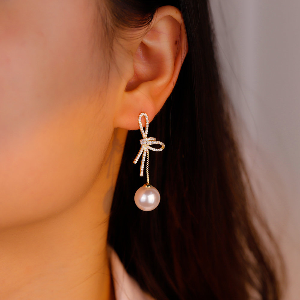 Flower Pearl Drop Earrings, CZ Encrusted Gold Earrings
