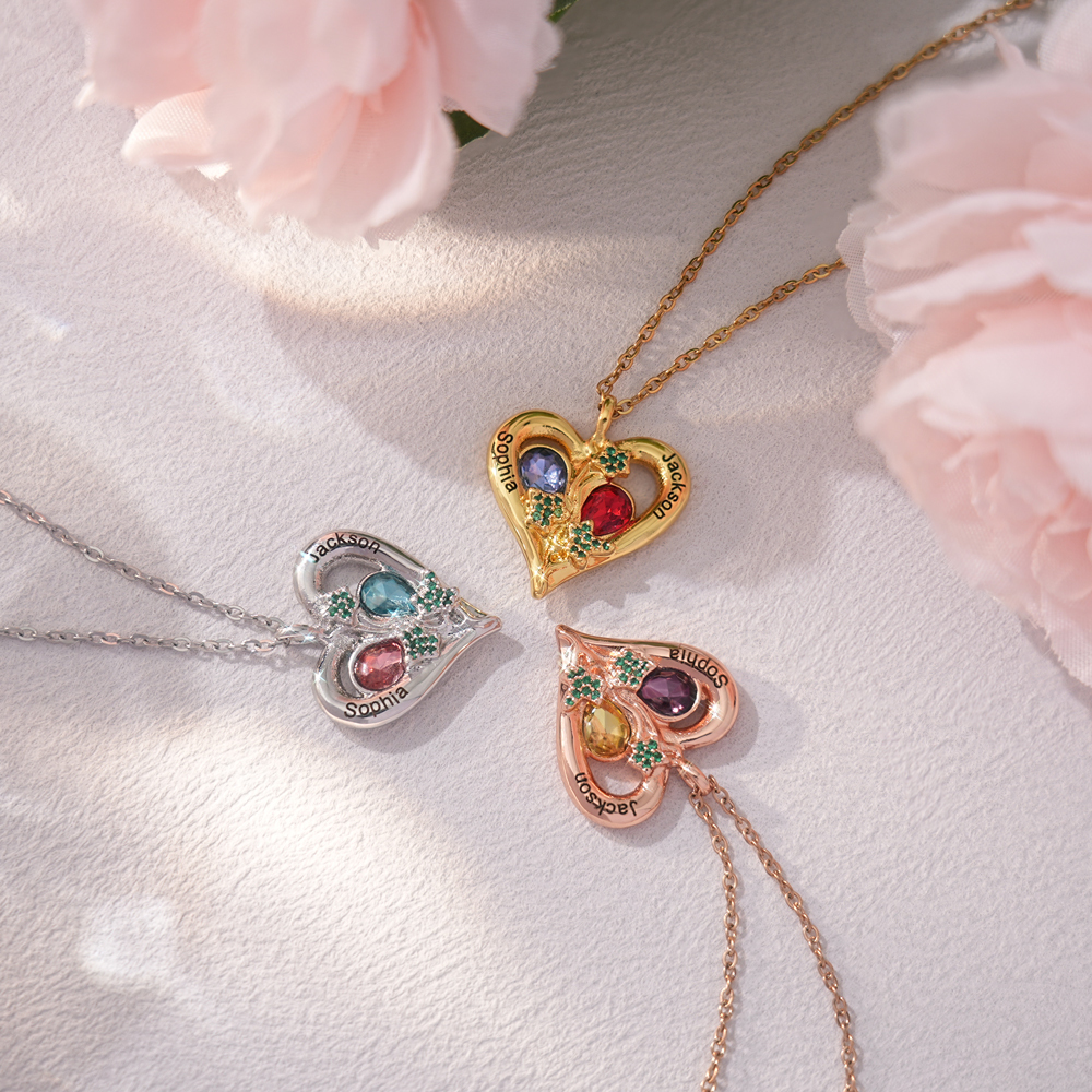 Personalized Love Necklace Custom 2 Birthstones & Names for Women