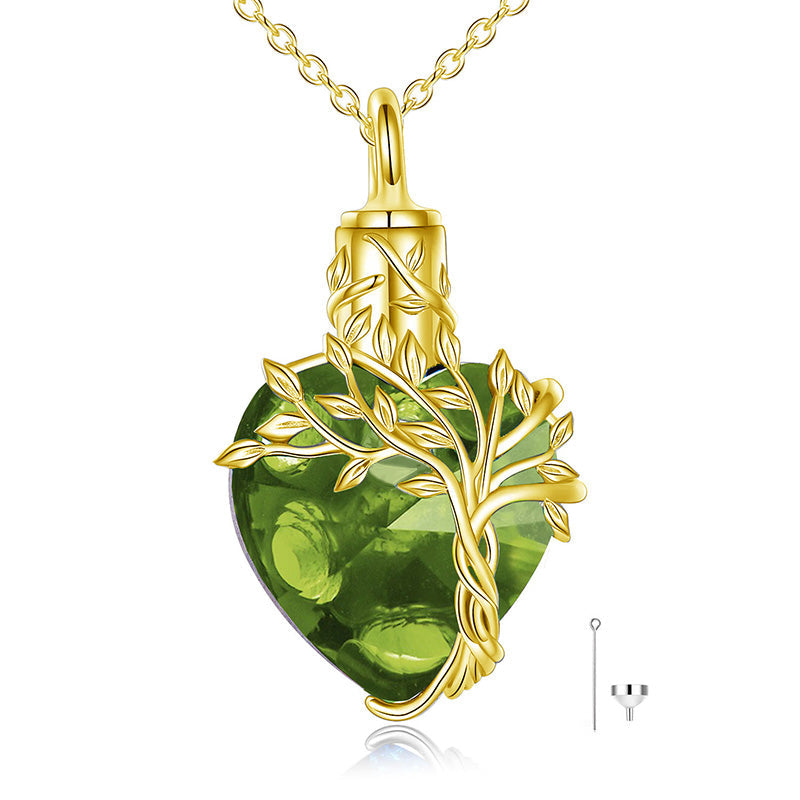 Heart Tree of Life Urn Necklace for Ashes Sterling Silver Cremation Jewelry with Crystal w/Funnel Filler-Gemeaning