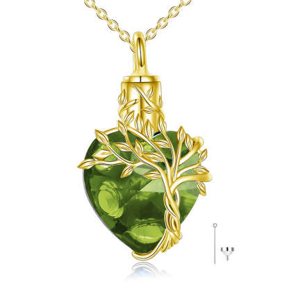 Heart Tree of Life Urn Necklace for Ashes Sterling Silver Cremation Jewelry with Crystal w/Funnel Filler-Gemeaning