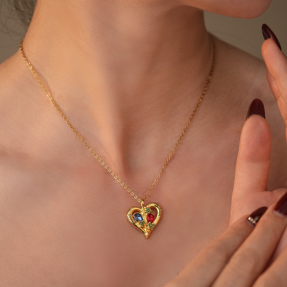 Personalized Love Necklace Custom 2 Birthstones & Names for Women
