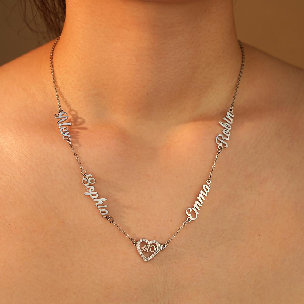 Personalized Mom Necklace with Kids Names, Custom Name Heart Necklace