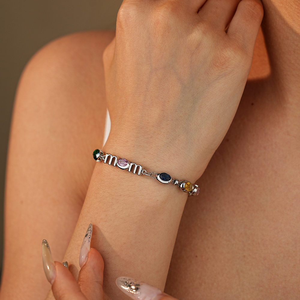 Personalized Mom Birthstone Bracelet, Custom Name Family Bracelet