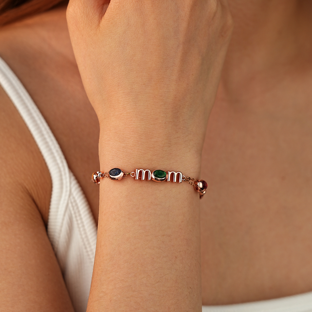 Personalized Mom Birthstone Bracelet, Custom Name Family Bracelet